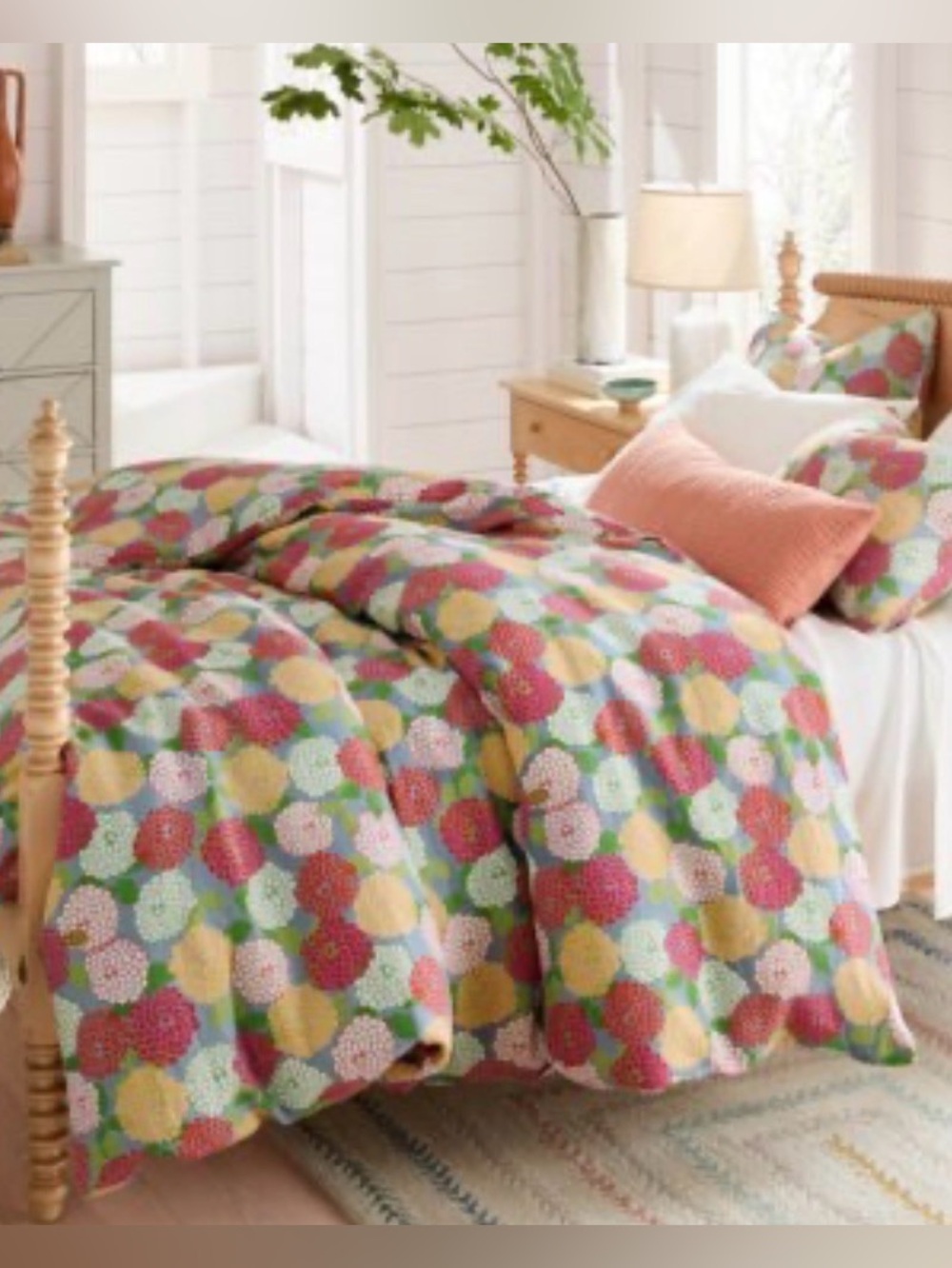 Beautiful Zinnia Floral Print Duvet Cover King 100% cotton teal Farmhouse Dreamy